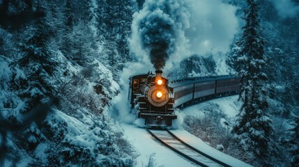 Snowy mountain train ride through a dense forest.