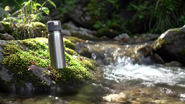 Stainless steel thermos bottle by a babbling brook