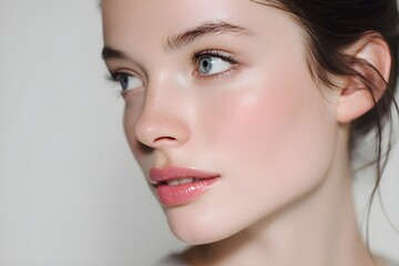 Naklejka premium Close-up portrait of a young woman with glowing skin and natural beauty