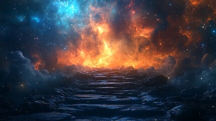 Fototapeta premium Ethereal Pathways A Celestial Voyage Through Shimmering Nebulae and Cosmic Seas of Stars Guiding Explorers Towards Uncharted Realms of Infinite Possibilities