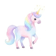 Fototapeta premium A cute pastel-colored unicorn with a rainbow mane and sparkling horn stands gracefully on a white background.