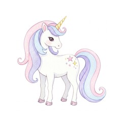Fototapeta premium A cute pastel unicorn with a golden horn and colorful mane, adorned with star decorations, stands on a white background.