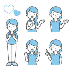 ５つのポーズをする女性看護師のベクターシンプルイラスト素材