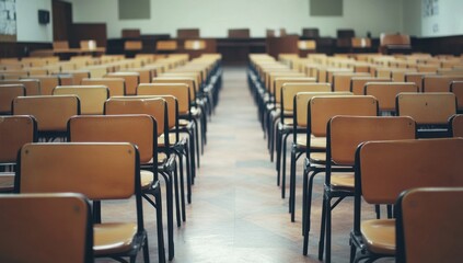 Empty Auditorium, Rows of Wooden Chairs