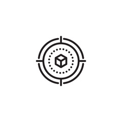 A target focusing on a cube at its center, symbolizing precision targeting of a 3D object, specific focus in design, or aiming for a core element.