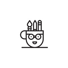 A mug with a smiling face and glasses, holding a paintbrush and pencils, symbolizing creative tools, a designer's workspace, or an artistic personality.