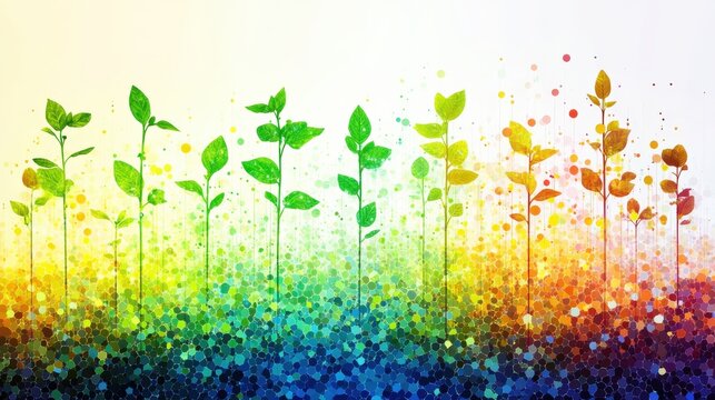 Vibrant gradient background with stylized green plants growing in colorful dots, symbolizing growth