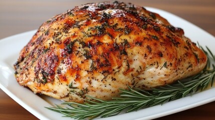 Roasted turkey breast garnished with fresh herbs.