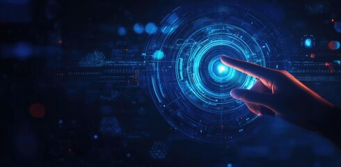 Hand interacting with futuristic digital interface