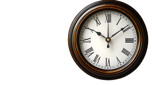 Elegant Wall Clock Displaying Time in Roman Numerals Against a Minimalist Black Background