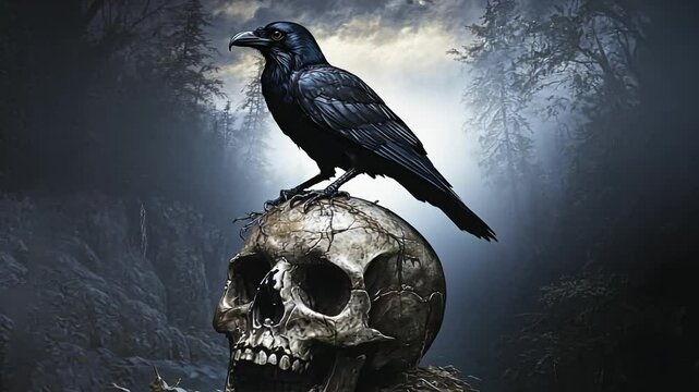 Raven Sitting on Skull, Dark, Gothic, Mysterious, Foggy Background