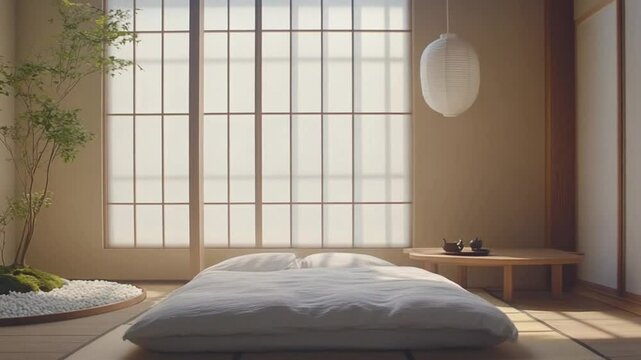 Serene minimalist bedroom with a futon on tatami, soft lighting, and a tranquil Japanese garden view