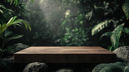 Lush Jungle Scene Wooden Table in Tropical Paradise Relaxing Nature