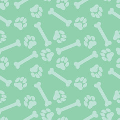 Seamless mint green dog paw prints and bones pattern vector