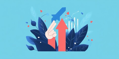 Hand launches rocket, boosting upward arrow amidst foliage