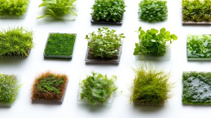 Diverse variety of green micro plants in square clusters