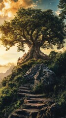 Obraz premium Majestic tree atop a hill with a stone path leading up.