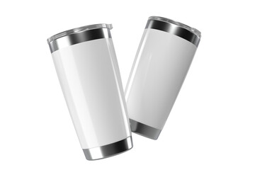 3D Stainless steel tumbler mockup with transparent plastic lid. Blank Insulated container aluminium mug isolated on background. Template for presentation branding product, thermos glass, beverage cup