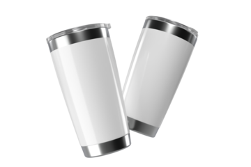 3D Stainless steel tumbler mockup with transparent plastic lid. Blank Insulated container aluminium mug isolated on background. Template for presentation branding product, thermos glass, beverage cup