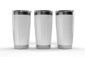 3D Stainless steel tumbler mockup with transparent plastic lid. Blank Insulated container aluminium mug isolated on background. Template for presentation branding product, thermos glass, beverage cup
