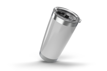 3D Stainless steel tumbler mockup with transparent plastic lid. Blank Insulated container aluminium mug isolated on background. Template for presentation branding product, thermos glass, beverage cup