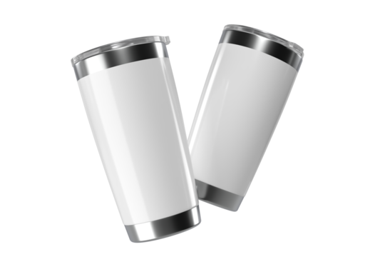 3D Stainless steel tumbler mockup with transparent plastic lid. Blank Insulated container aluminium mug isolated on background. Template for presentation branding product, thermos glass, beverage cup