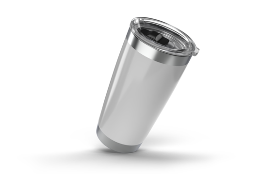 3D Stainless steel tumbler mockup with transparent plastic lid. Blank Insulated container aluminium mug isolated on background. Template for presentation branding product, thermos glass, beverage cup