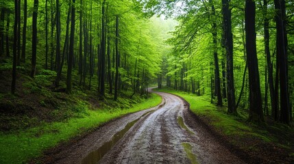 Fototapeta premium Serene Forest Path: A Picturesque Dirt Road Winding Through Lush Green Woods