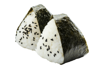 Japanese onigiri rice ball with black sesame seeds and nori seaweed wrap, isolated on white transparent background, showcasing traditional Asian cuisine concept