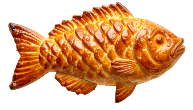 Detailed close-up of a baked treat shaped like a fish isolated on solid white background Png 