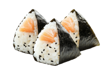Japanese salmon onigiri rice ball wrapped in nori seaweed, isolated on white transparent background, showcasing traditional Asian cuisine concept