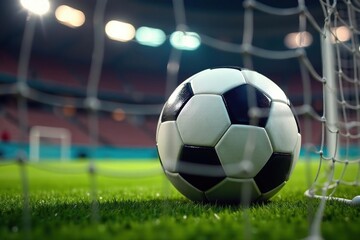 Close-up of a soccer ball in a net, goal scored , sports equipment, victory