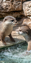 Obraz premium Playful Otters in a Sunlit Aquatic Paradise