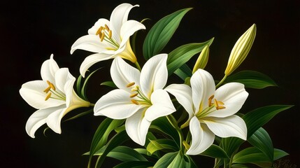 Obraz premium Elegant white lilies with green leaves bloom beautifully against a dark background.