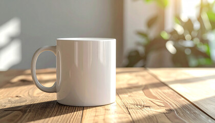Blank ceramic coffee mug mockup on wooden tabletop.
