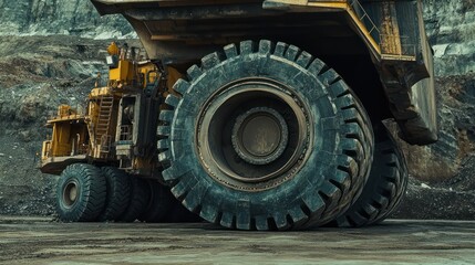 Massive mining truck tire against a quarry backdrop.