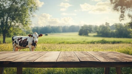 Peaceful Cow in Summer Pasture Rustic Wooden Table Idyllic Farm Scene Green Field Sunny Day