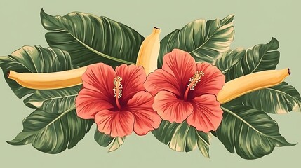Tropical Hibiscus Flowers Bananas.