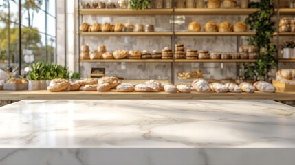 Sunny Bakery Shop Marble Counter Fresh Bread Delicious Pastries Golden Hour Light