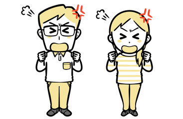 大声で怒鳴る、普段着の若い夫婦