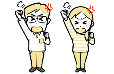 拳をあげて怒鳴る、普段着の若い夫婦