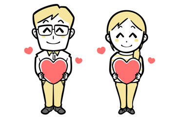 赤いハートを持つ、普段着の若い夫婦