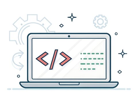 Minimalist illustration of coding concept with brackets and a slash symbol, clean and modern design on white background.