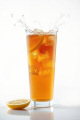 Refreshing iced tea with lemon and ice cubes, splashing against a plain, clean background, minimalist style.