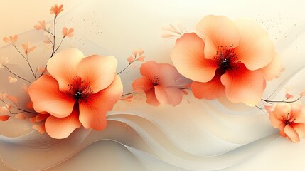 Obraz premium Romantic spring-themed illustration featuring blooming flowers and decorative curves on a light gradient backdrop 