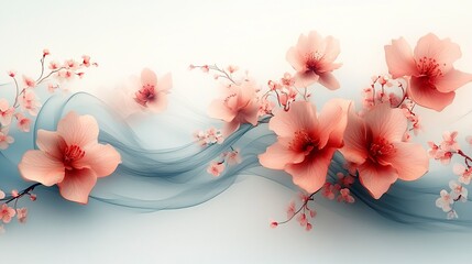 Romantic spring-themed illustration featuring blooming flowers and decorative curves on a light gradient backdrop 
