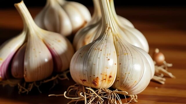 Fresh Garlic Bulbs Displayed on a Wooden Surface  