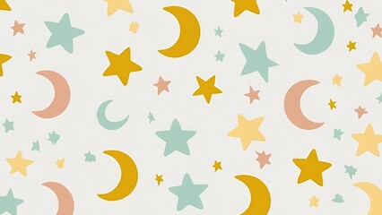Fototapeta premium Pastel Stars and Moons Pattern – Soft Celestial Elements in Baby Colors, Cute Nursery Background for Kids Room Decor, Baby Shower, Scrapbooking, and Textile Design