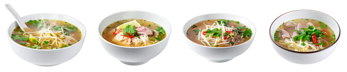 Delicious bowl of Vietnamese pho soup with beef and fresh ingredients Transparent background PNG set