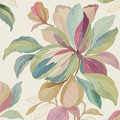 Seamless pattern large, stylized tropical flowers & leaves in a soft watercolor style. Muted pastel greens, pinks, blues & beige with gold line details. Elegant botanical illustration for fabric